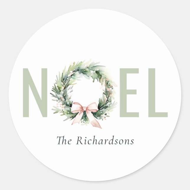 Noel Blush Green Christmas Wreath Watercolor Classic Round Sticker (Front)