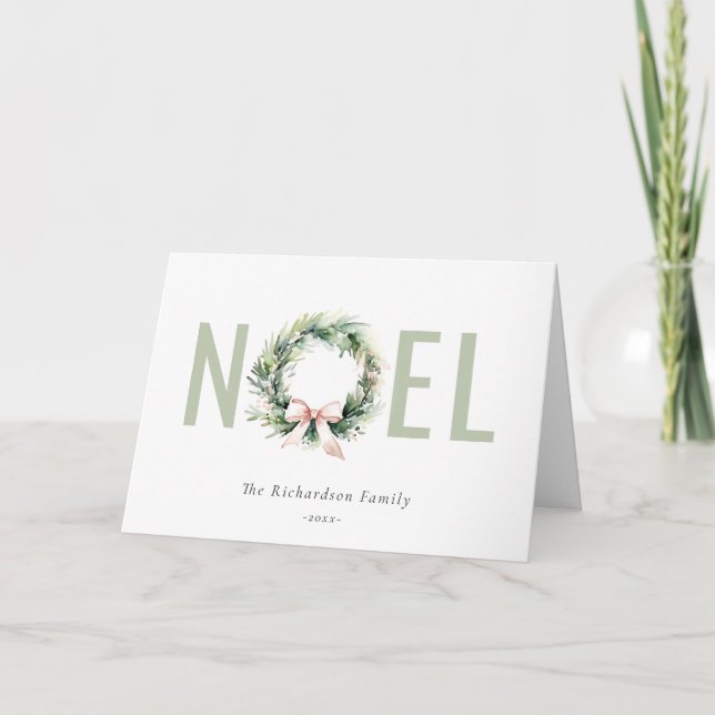 Noel Blush Green Christmas Wreath Watercolor Holiday Card (Front)