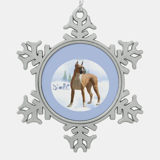 Noel Boxer Snowflake Pewter Christmas Ornament (Front)