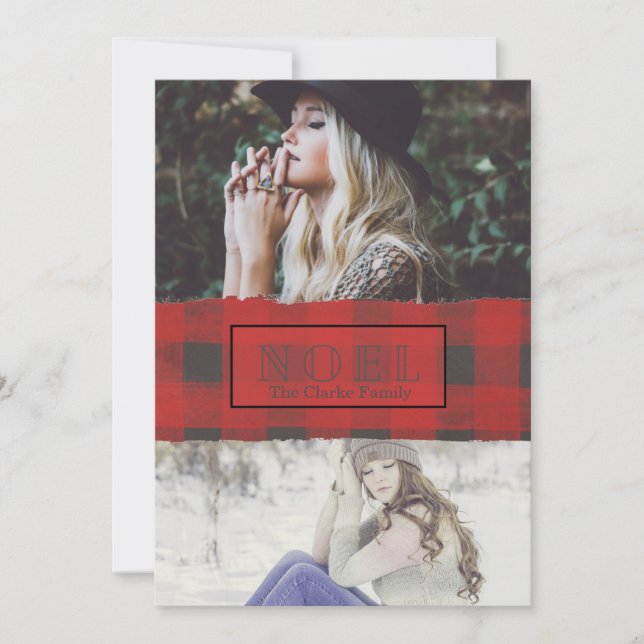 Noel Buffalo Check Two Photo Holiday Card (Front)