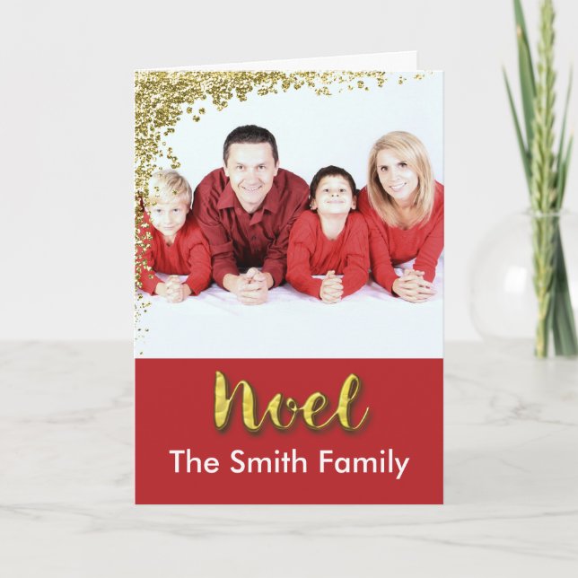 Noel Christmas Gold on Red Custom Photo & Name Car Holiday Card (Front)