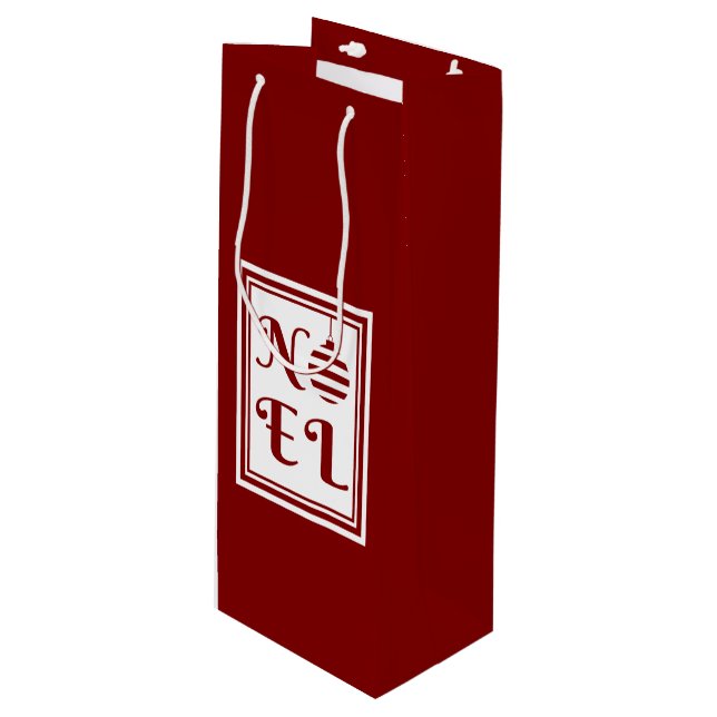 NOEL Christmas Red & White Personalised Wine Gift Bag (Front Angled)