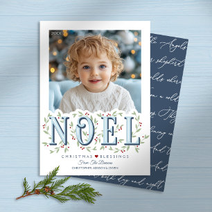 Noel Elegant Blue White Photo Christmas Card