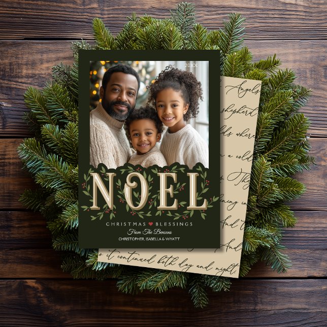 Noel Elegant Green Photo Christmas Card (Shown on a 5" x 7" card)