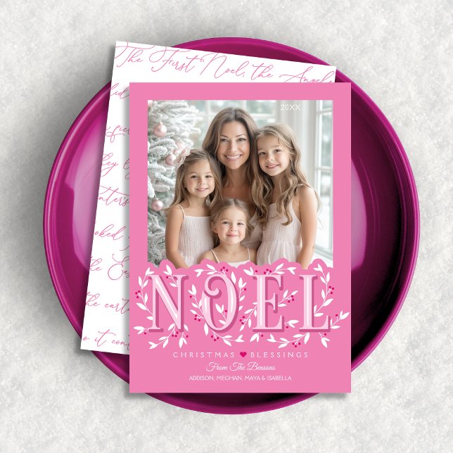 Noel Elegant Pink White Photo Christmas Card (Shown on a 5" x 7" card)