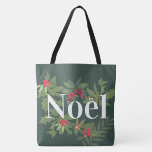 Noel evergreen leaves and berries holiday tote bag