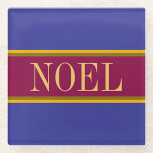 NOEL Festive Burgundy Navy Christmas Stripes Glass Coaster