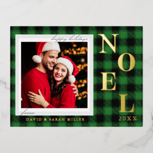Noel Festive Green Plaid Pattern Christmas Foil Holiday Postcard