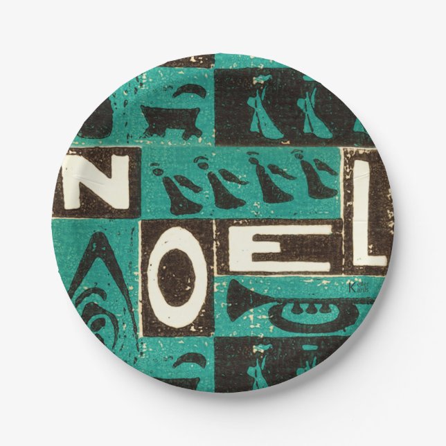 Noel Green Block Print Paper Plate (Front)