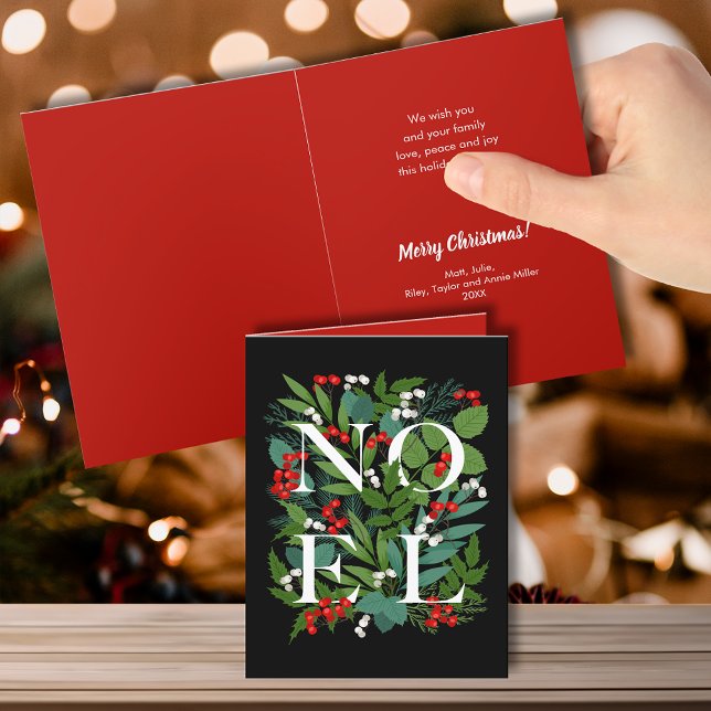 NOEL Greenery and Berries Folded Holiday Card (Creator Uploaded)