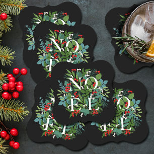 NOEL Greenery Holiday Black Paper Coaster