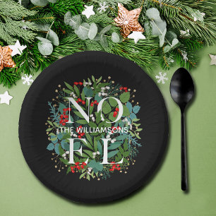 NOEL Greenery Personalised Black Christmas Paper Plate