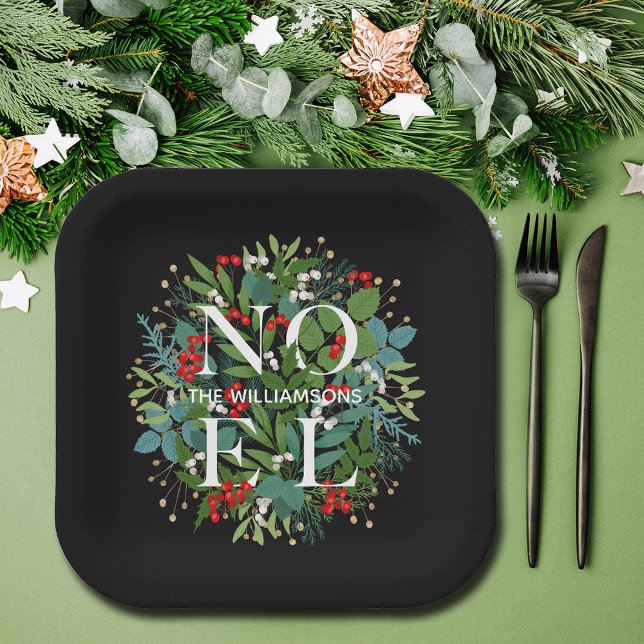 NOEL Greenery Personalised Black Christmas Paper Plate (Creator Uploaded)