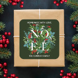 NOEL Holly Berries Homemade Christmas Square Sticker<br><div class="desc">Homemade with Love personalised square stickers feature the word NOEL among elegant leaves and berries with your name and greeting in chic white lettering on dark green. MATCHING items in our collection.</div>