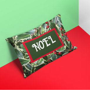 Noel Holly Leaves and Red Berries Holiday Decorative Cushion