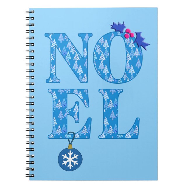 NOEL in a Blue Christmas Tree Pattern  Notebook (Front)