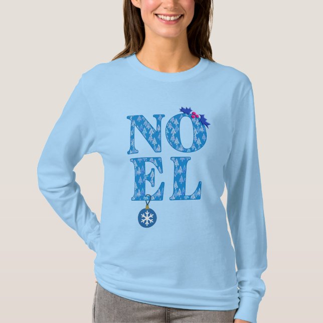 NOEL in a Blue Christmas Tree Pattern  T-Shirt (Front)