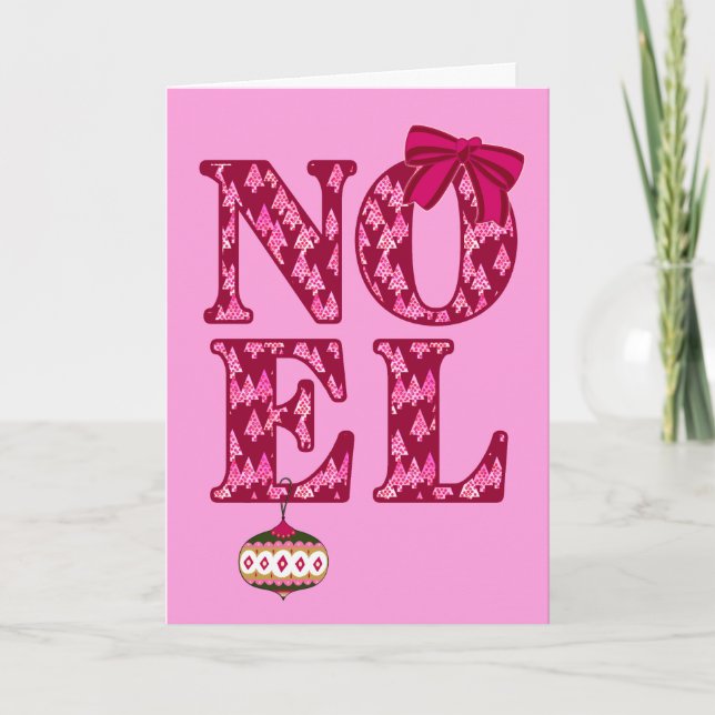 NOEL in a Burgundy Christmas Tree Pattern Holiday Card (Front)