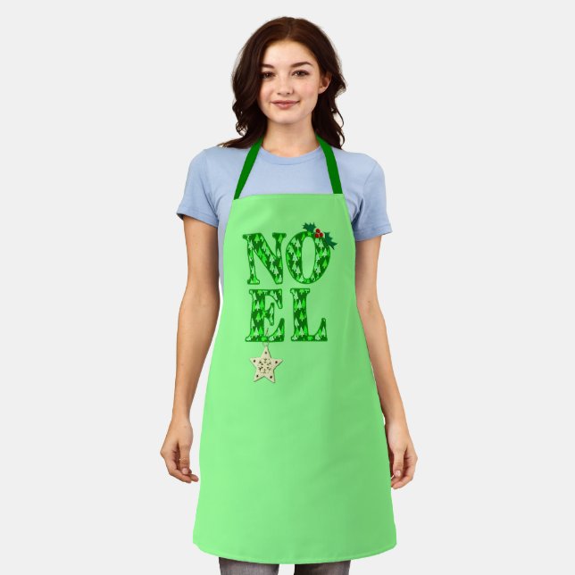 NOEL in a Green Christmas Tree Pattern  Apron (Worn)