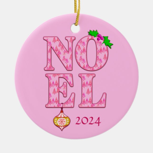 NOEL in a Pink Christmas Tree Pattern  Ceramic Tree Decoration (Front)