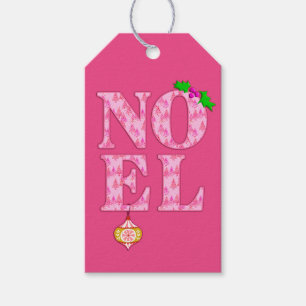NOEL in a Pink Christmas Tree Pattern  Gift Tags