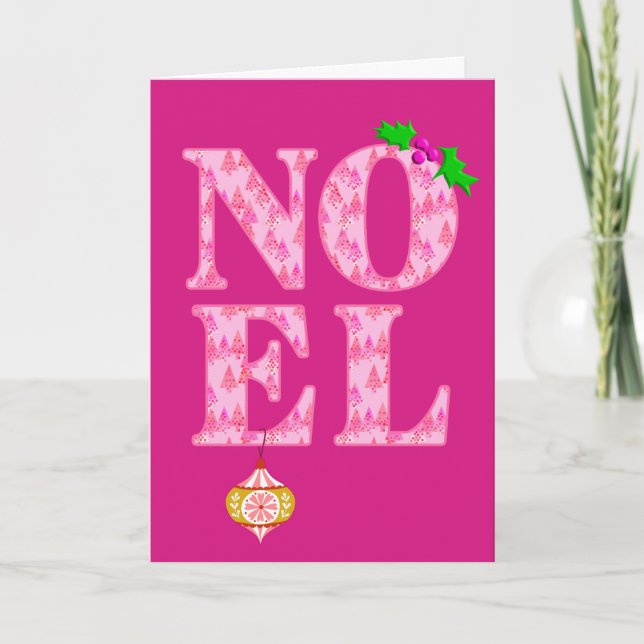 NOEL in a Pink Christmas Tree Pattern  Holiday Card (Front)