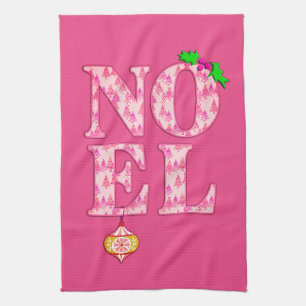 NOEL in a Pink Christmas Tree Pattern  Tea Towel