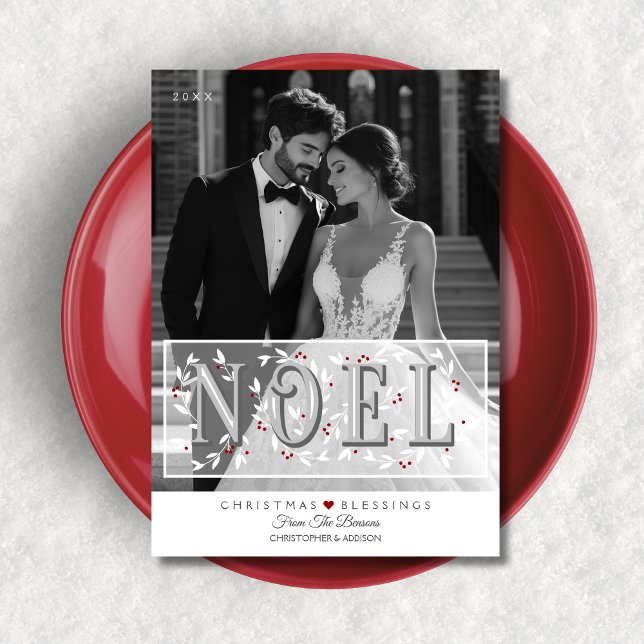 Noel Overlay Grey White Photo Christmas Card (Shown on a 5" x 7" card)