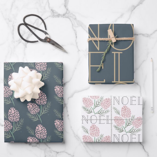 NOEL Pink Pine Cone Pattern Navy Blue & White Wrapping Paper Sheet (Front)