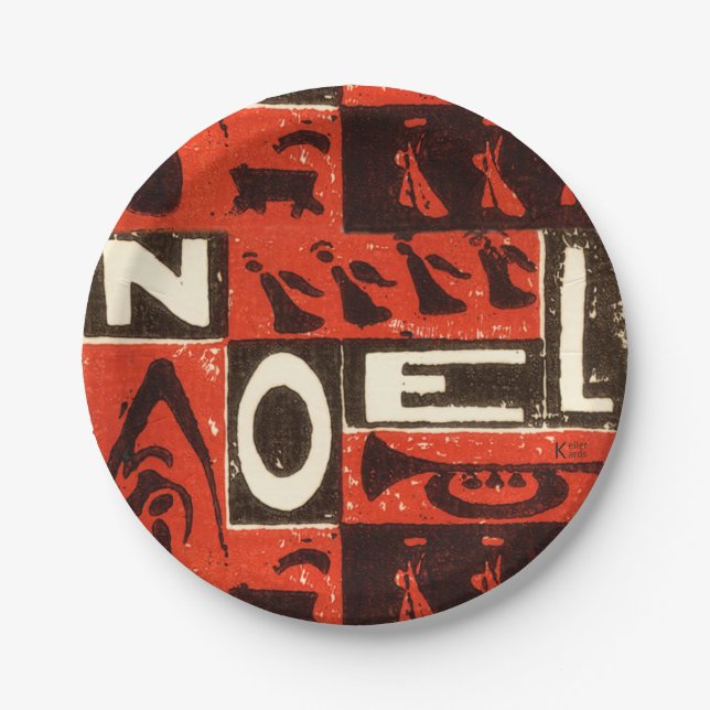 Noel Red Block Print Paper Plate (Front)