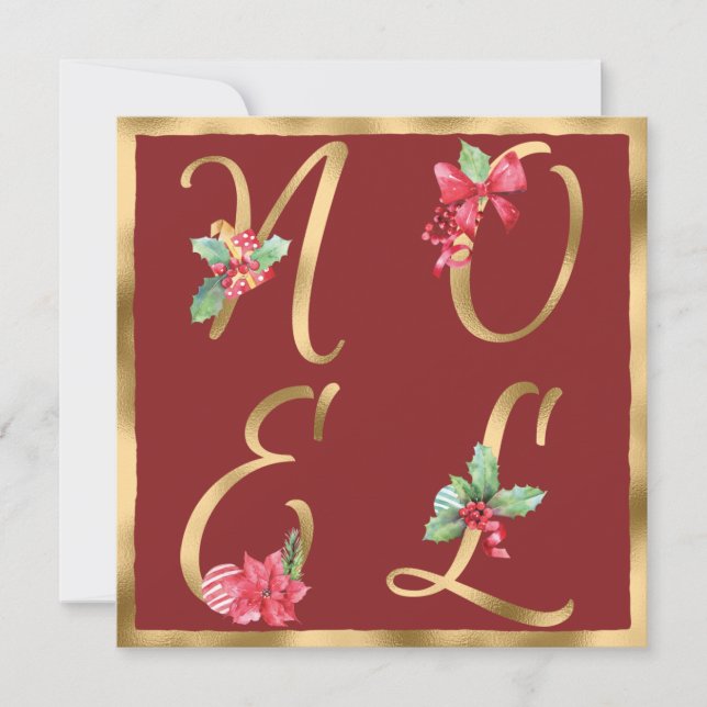 NOEL Red & Gold Holly Berries Poinsettia Christmas Holiday Card (Front)