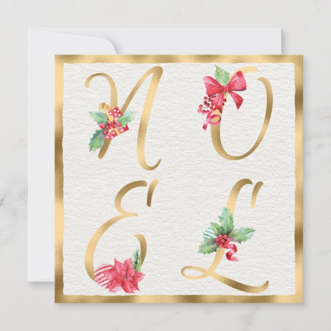 NOEL Red & Gold Holly Berries Poinsettia Christmas Holiday Card (Front)