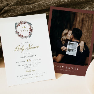 NOEL Rustic Christmas Pine Winter Baby Shower Invitation