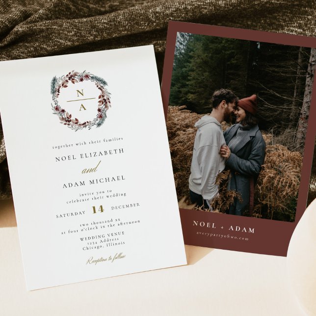 NOEL Rustic Christmas Pine Winter Photo Wedding Invitation (Creator Uploaded)