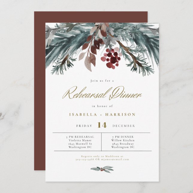 NOEL Rustic Pine Winter Wedding Rehearsal Dinner Invitation (Front/Back)