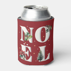 Noël text design with beautiful winter plants can cooler