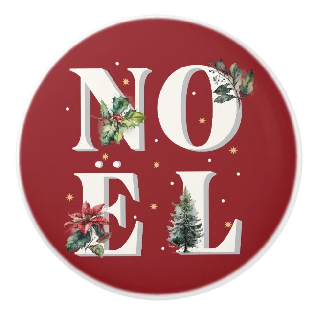 Noël text design with beautiful winter plants ceramic knob (Front)