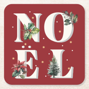 Noël text design with beautiful winter plants square paper coaster