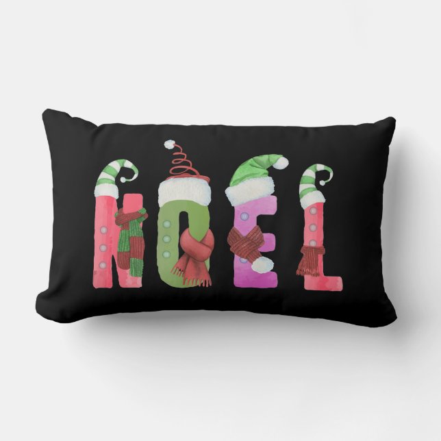 Noel Watercolor Elf Style Christmas Lumbar Cushion (Front)