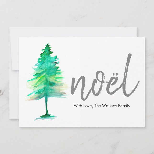 Noël, Watercolour Christmas Tree, Holiday Card (Front)