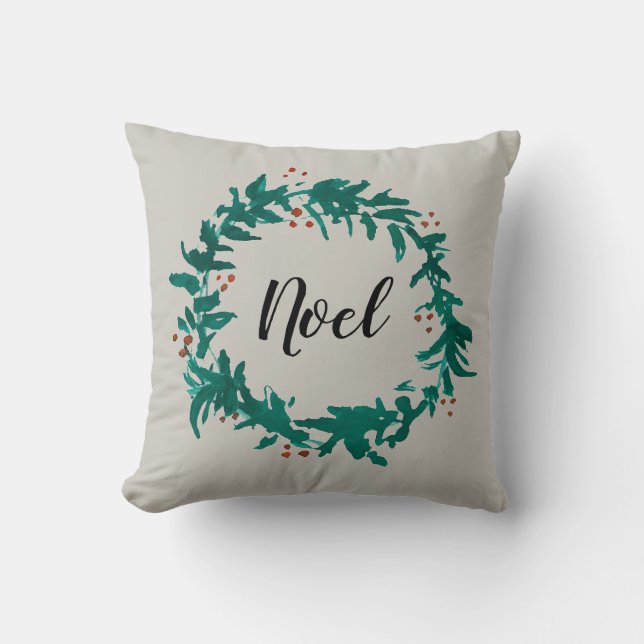 Noel Welcome Wreath Painting Grey Pillow (Front)