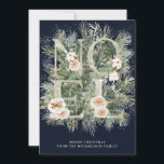 Noel Winter Pine Botanical Snow Christmas Card<br><div class="desc">Noel is spelled out in silver glitter letters embellished with white flowers. They are nestled in winter pine branches that are dappled with snow. Two lines of white text are below and let you personalise your message. The dark blue background makes them really pop.</div>