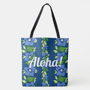 Noelani Lei Hawaiian Floral Stripe Blue Tote Bag