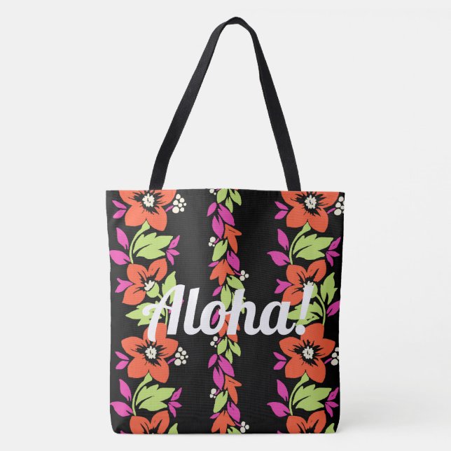 Noelani Lei Hawaiian Floral Stripe Coral and Black Tote Bag (Front)