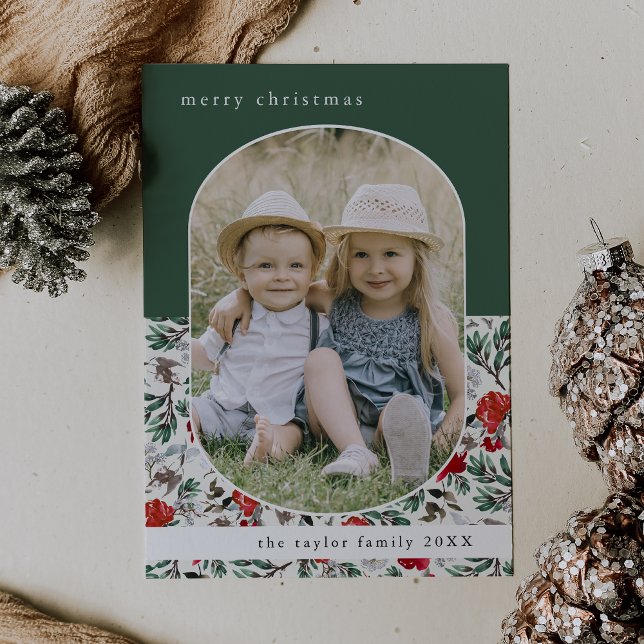  NOELLE Green Red Floral Family Photo Christmas Holiday Card (NOELLE Green Red Floral Family Photo Christmas Holiday Card)