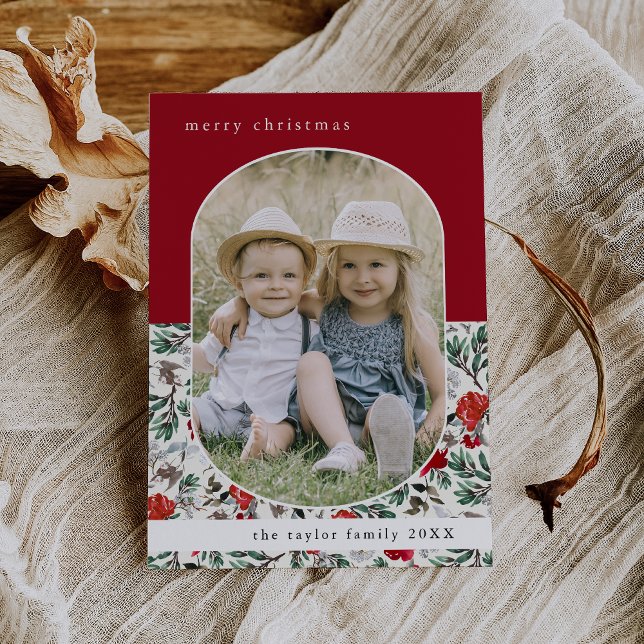  NOELLE Red Floral Pattern Family Photo Christmas Holiday Card (NOELLE Red Floral Pattern Family Photo Christmas Holiday Card)