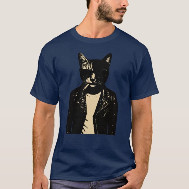 Noir Cat in Leather T-Shirt (Front)