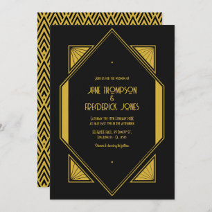 Noir & Champagne Gold Art Deco Wedding Photo Invitation