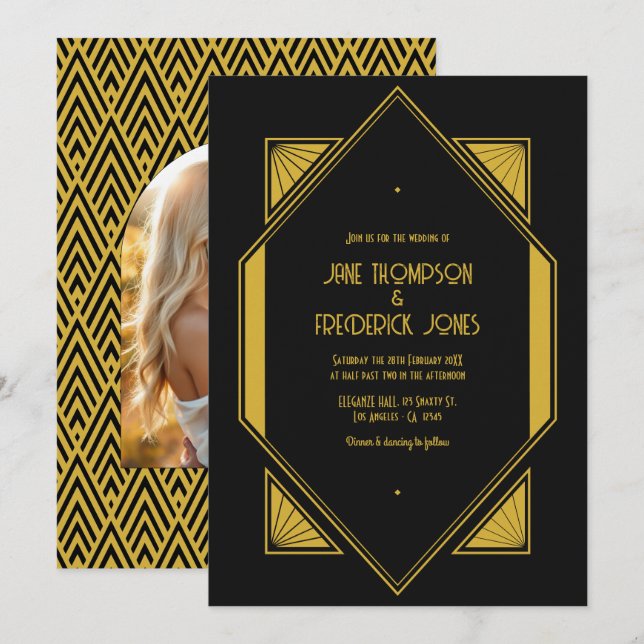Noir & Champagne Gold Art Deco Wedding Photo Invitation (Front/Back)