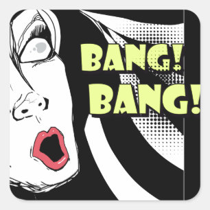 Noir comics style scared woman - bang bang square sticker